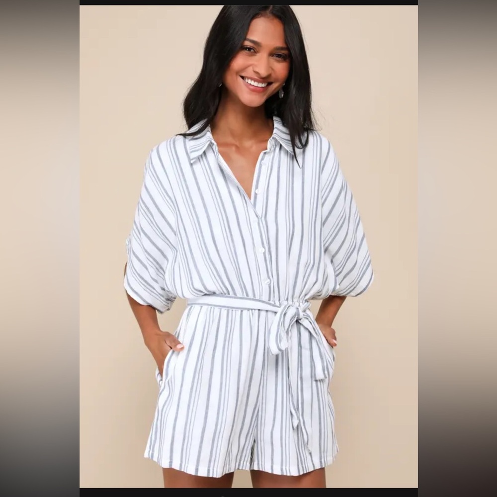 Lulus Sun-Drenched Sweetie White and Blue
Striped Button-Up Romper